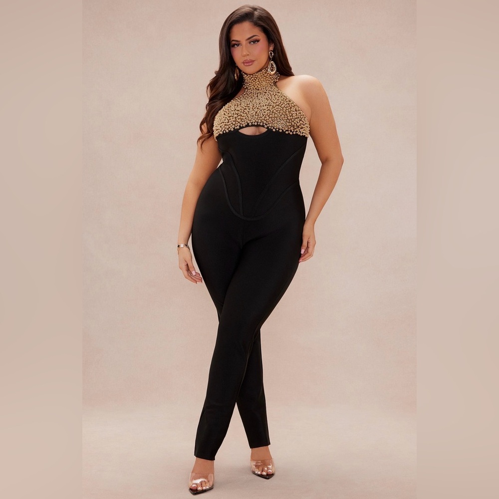 ✨Fashion Nova Statement Gold Studded Halter Jumpsuit — Black Luxe Glam✨